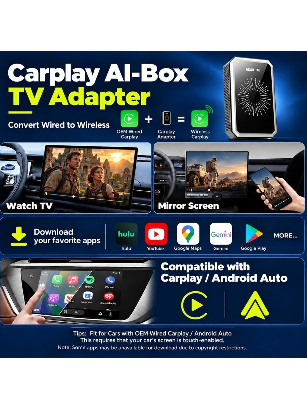 LAMTTO Wireless CarPlay Adapter 4GB+32GB with Google Play, Gemini AI & HDMI